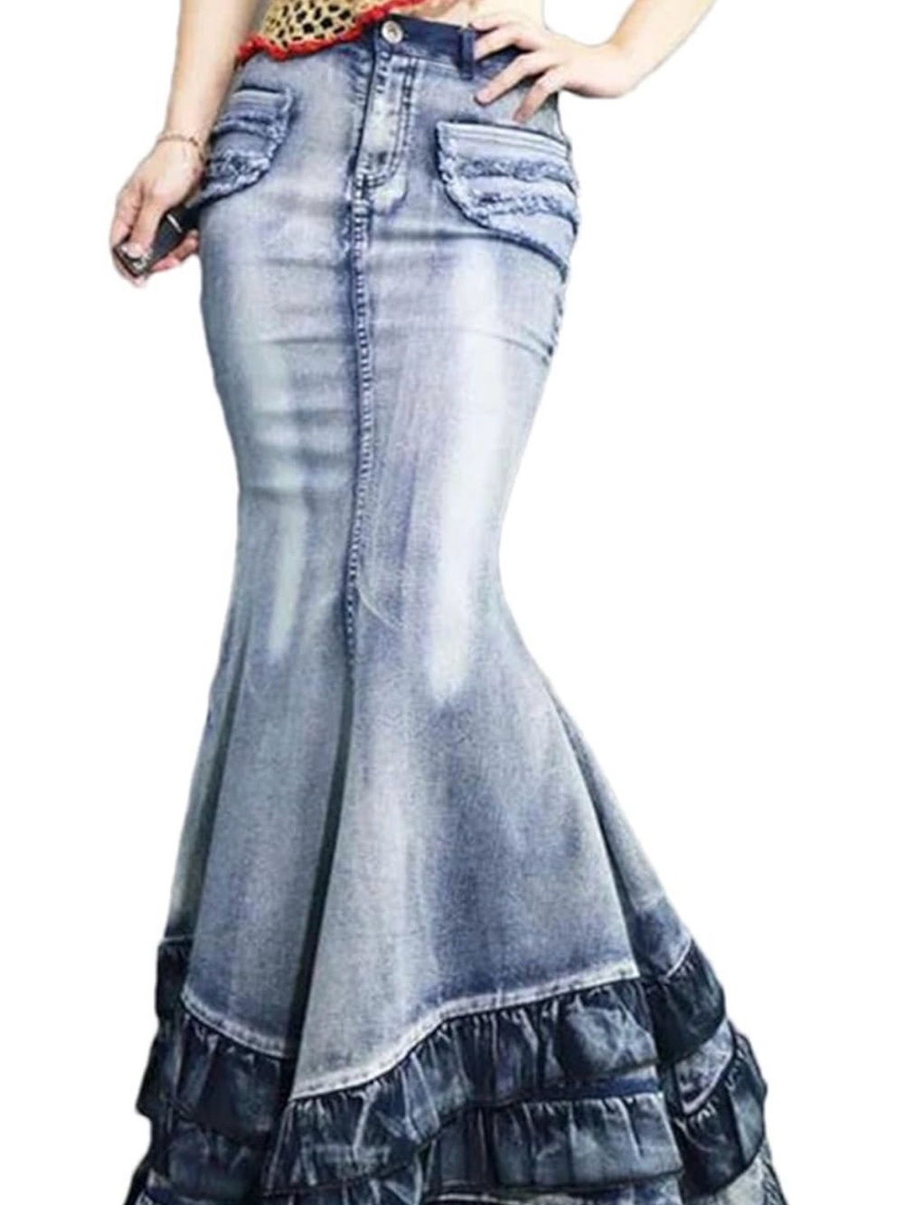 Women's Tail Mermaid Denim Skirt Long Maxi Ruffle Swing A-Line Jean Maxi Skirt